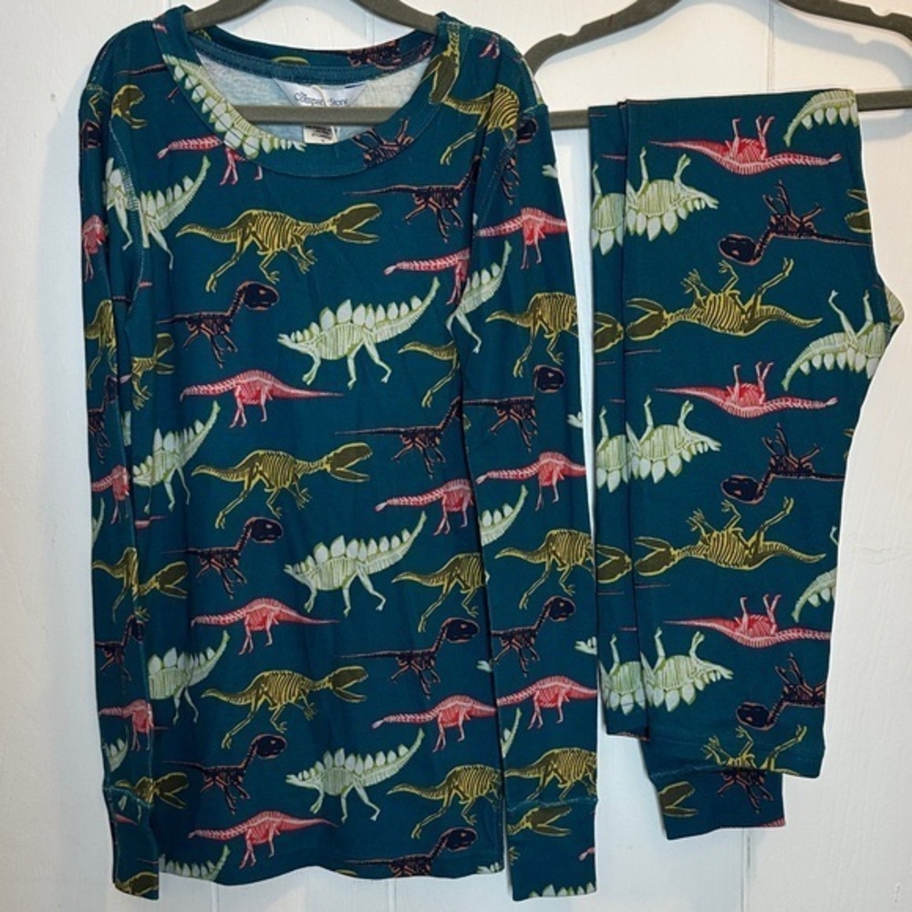 The Company Store Kids Pajama Set - Teal with Dinosaur Print